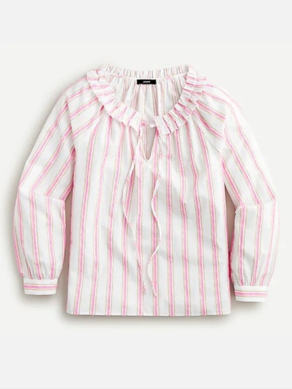J. Crew Ruffle Neck Tie-Front Striped Blouse Cotton Popover Pink Tan Small